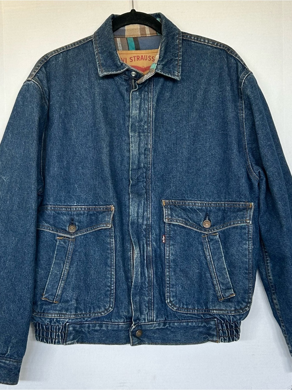 Vintage Levi's Men's Dark Blue Denim Blue Plaid Jacket - Picture 1 of 15